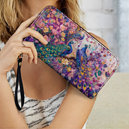 Shineful Leather Clutch Purse With Wristlet Strap Handle Majestic Peacock