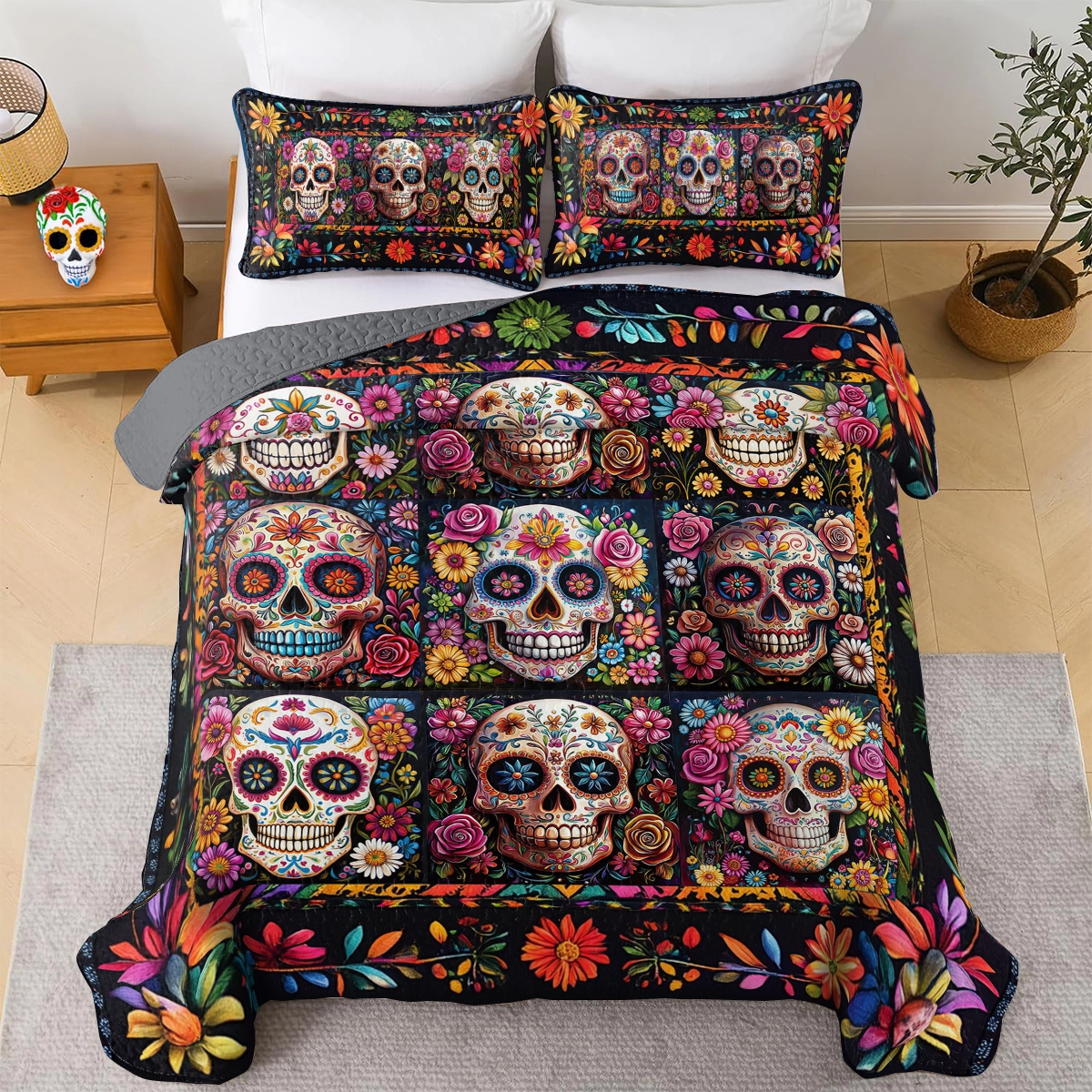 Shineful All Season Quilt 3-Piece Set Blossom Skull Elegance