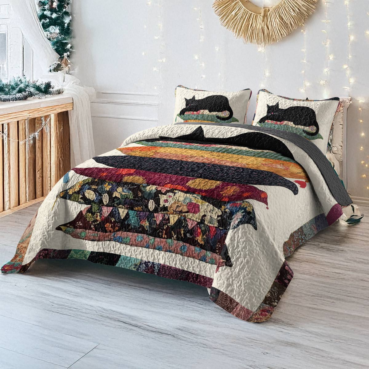 Shineful All Season Quilt 3-Piece Set - Black Cat On Pillow Stack