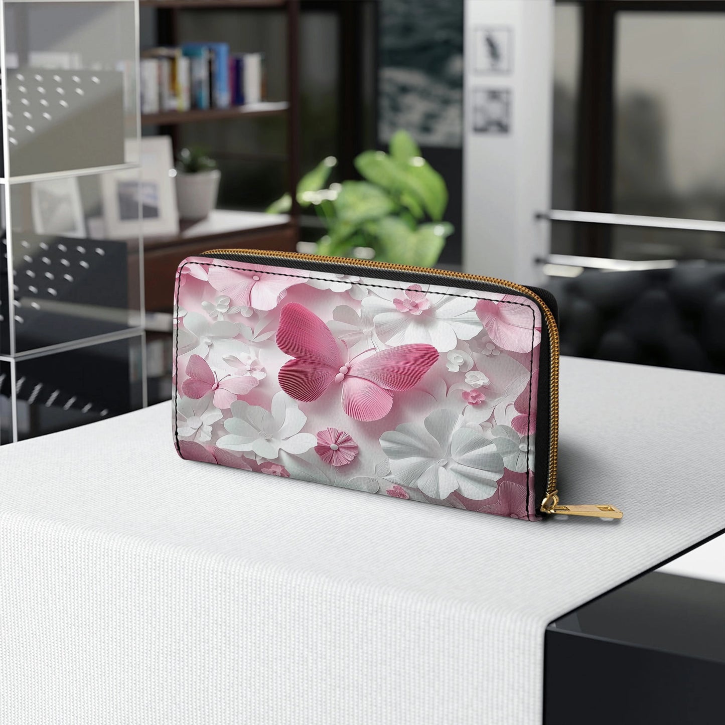 Shineful Leather Clutch Purse With Wristlet Strap Handle Butterfly Blossom Elegance