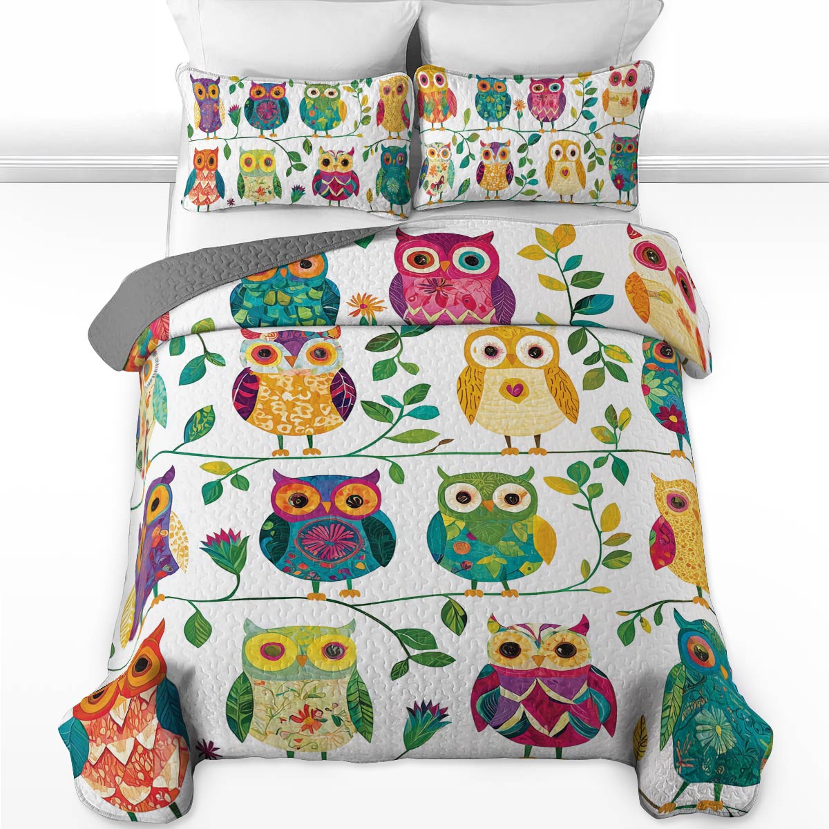 Ensemble de courtepointe toutes saisons Shineful 3 pièces - Whimsical Owl Garden 