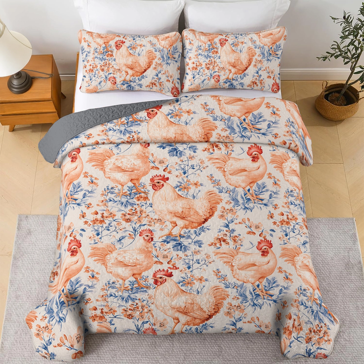 Shineful All Season Quilt 3-Piece Set Chicken Vintage Garden