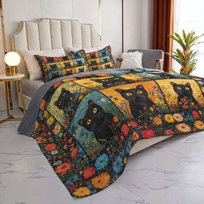 Shineful All Season Quilt 3-Piece Set - Midnight Garden Cat