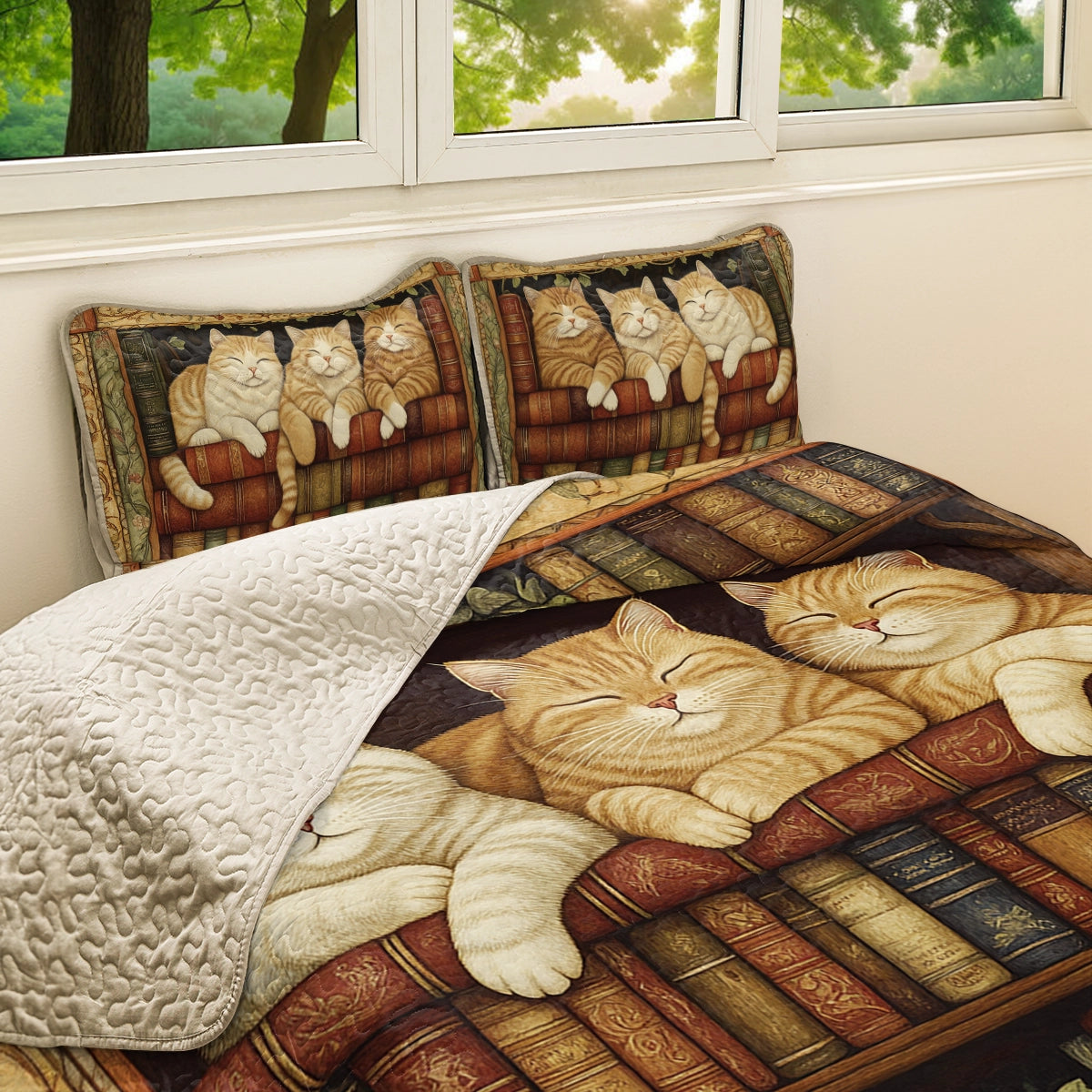 Shineful All Season Quilt 3-Piece Set - Books and Cats Comfort