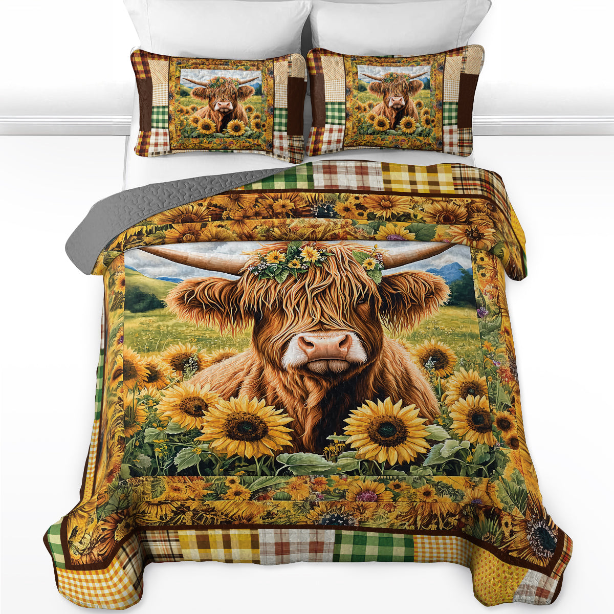 Ensemble de courtepointe toutes saisons Shineful 3 pièces - Couette rustique Highland Cow Farm