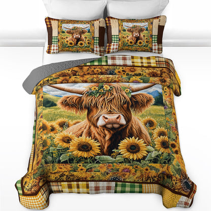 Shineful All Season Quilt 3-Piece Set - Rustic Highland Cow Farm Quilt