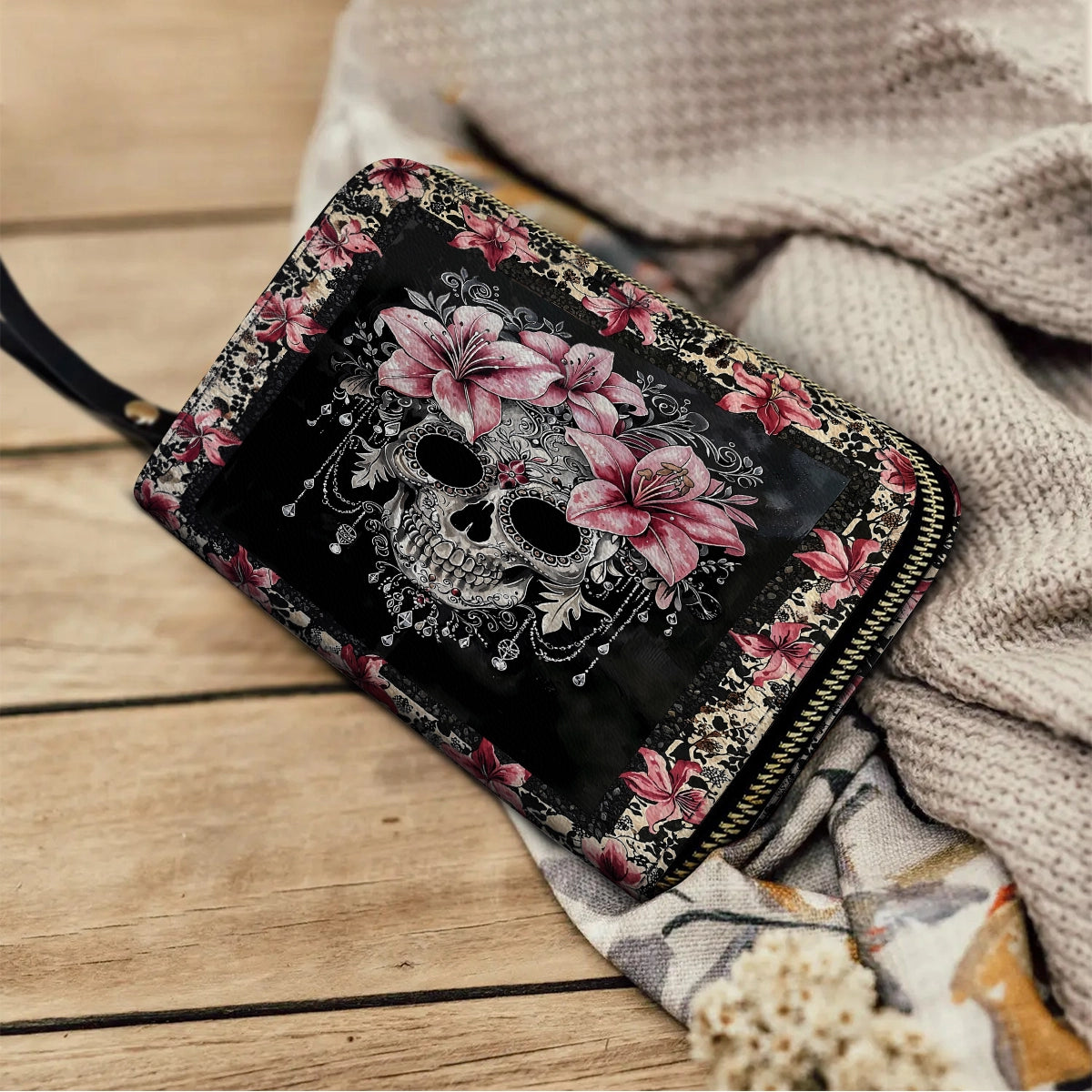 Shineful Leather Clutch Purse With Wristlet Strap Handle Beautiful Sugar Skull With Lilies