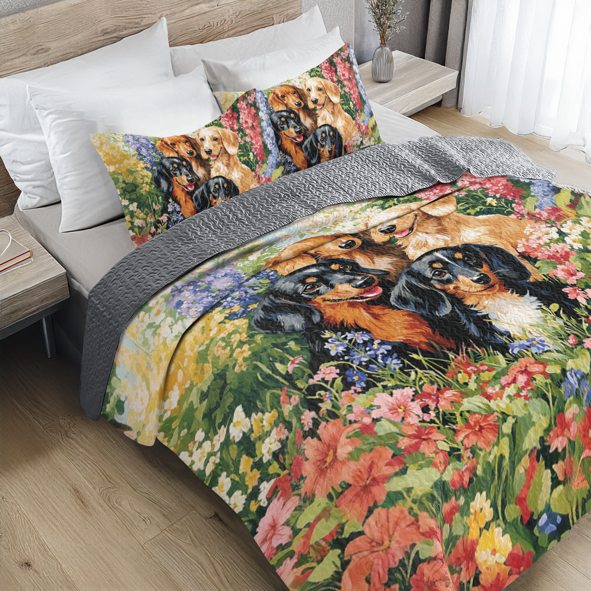 Shineful All Season Quilt 3-Piece Set Spring Floral Dachshund