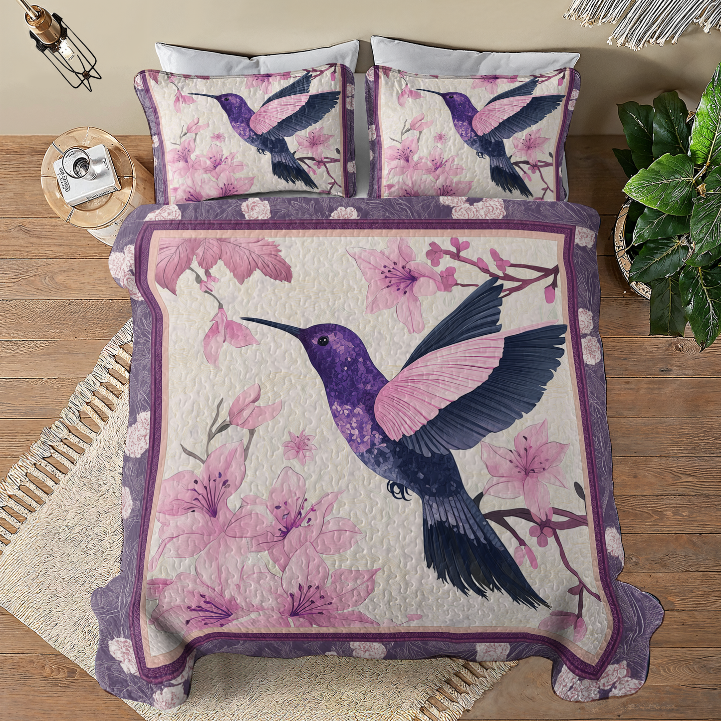 Shineful All Season Quilt 3-Piece Set - Hummingbird Blooming Beauty