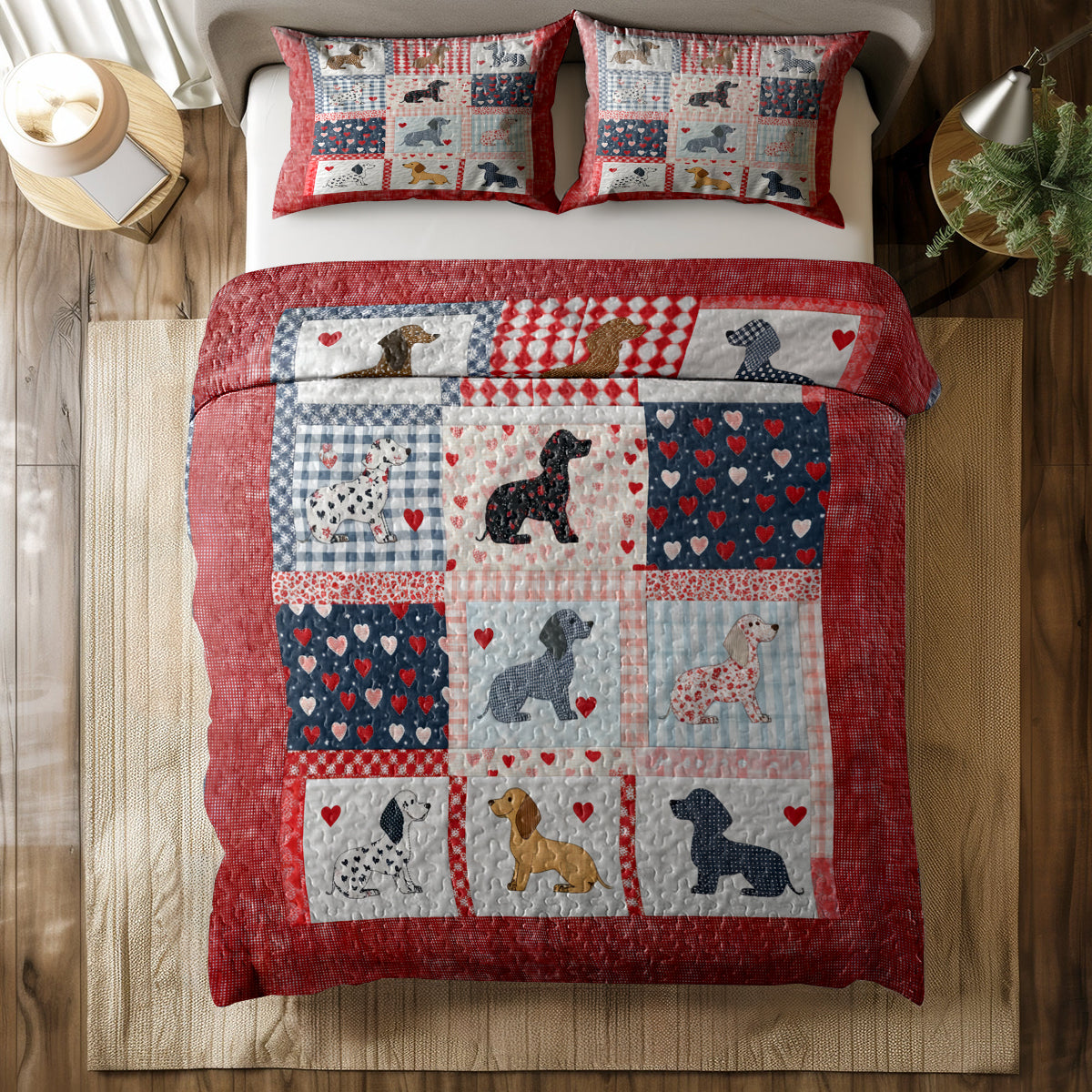 Shineful All Season Quilt 3-teiliges Set Schöner Dackel Patchwork