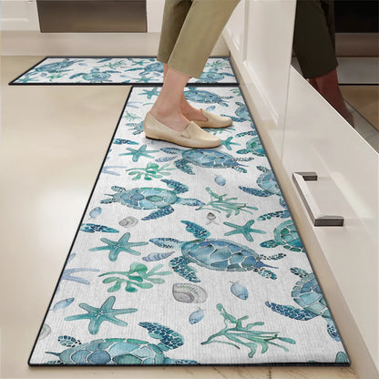 Shineful Ultra-Thin Non Skid Floor Mat, Kitchen Rugs Sea Turtle Blue Flow