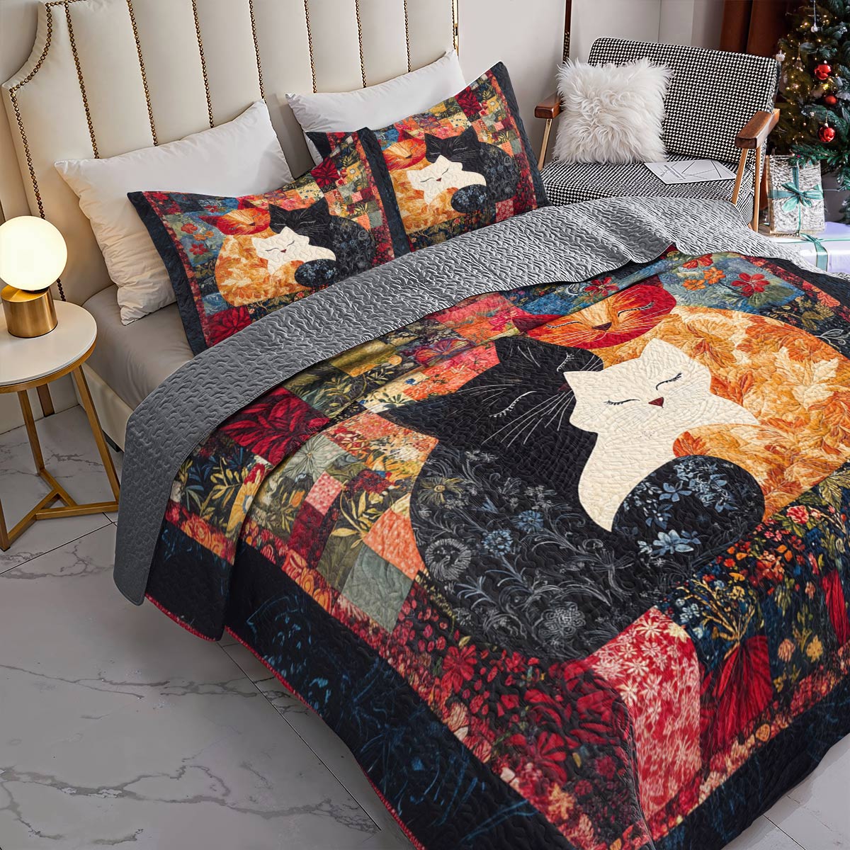 Shineful All Season Quilt 3-Piece Set Vintage Floral Family Cats