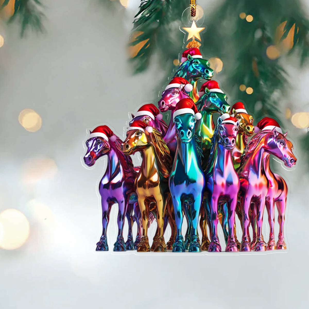 Ornement en acrylique 2D brillant Superbes chevaux pour sapin de Noël