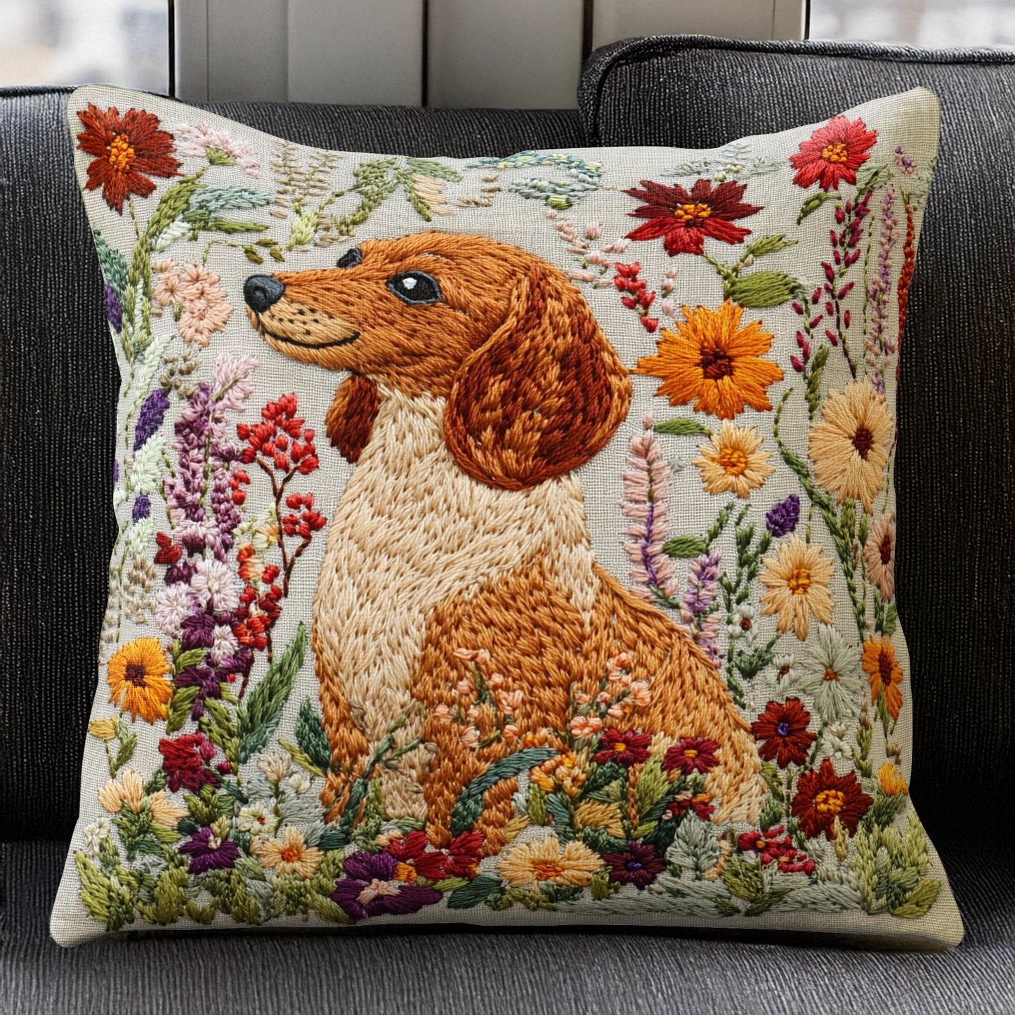 Shineful Pillow 2D Flat Print Dachshund Garden Companion