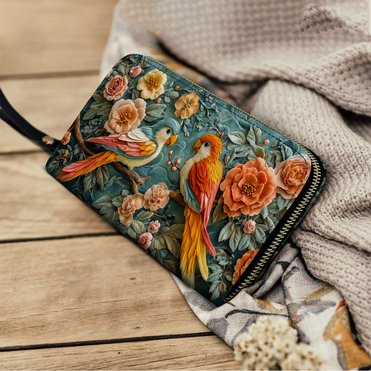 Shineful Leather Clutch Purse With Wristlet Strap Handle Ethereal Lovebirds