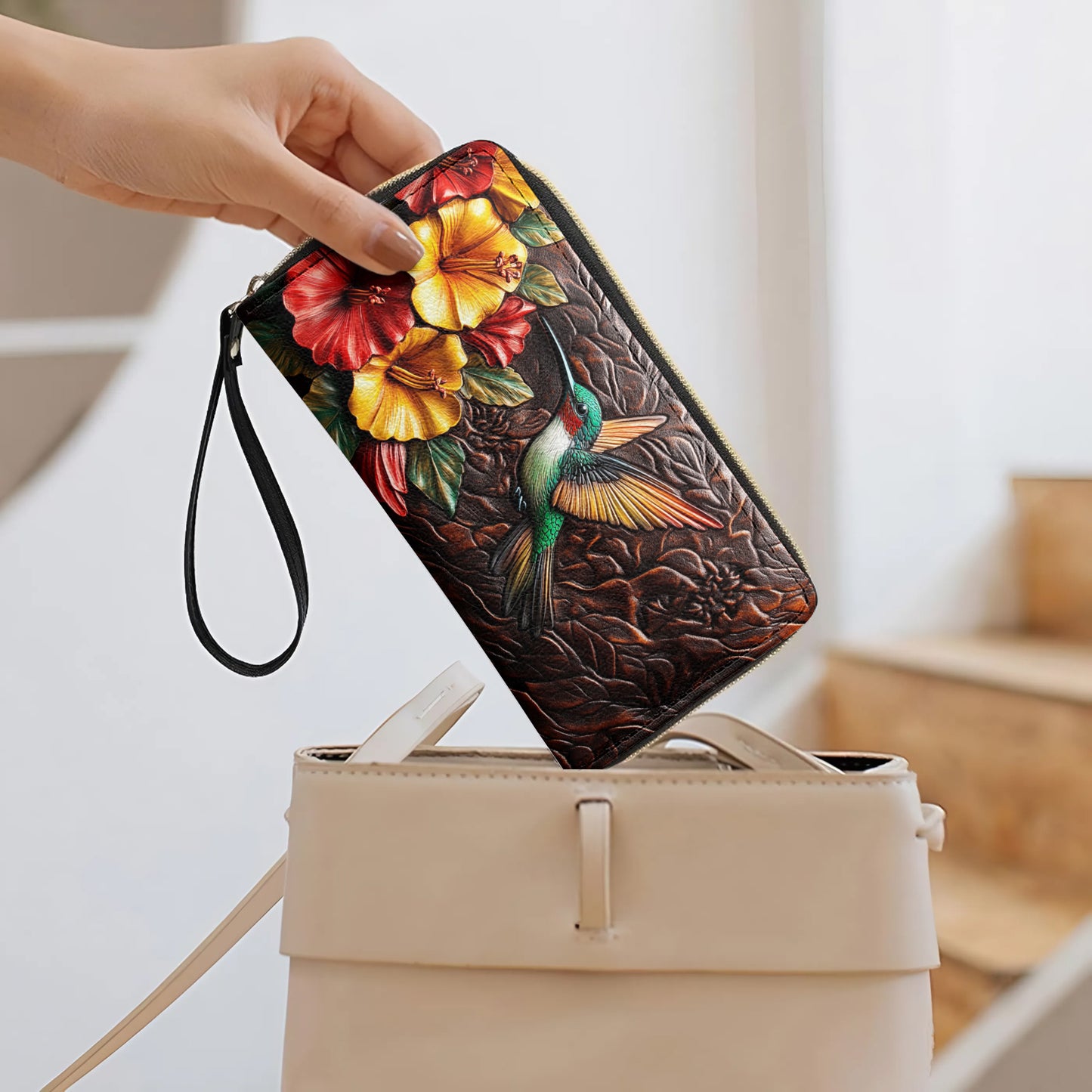 Shineful Leather Clutch Purse With Wristlet Strap Handle Hummingbird Blossom