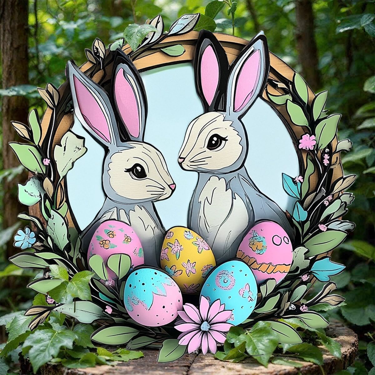 Shineful 2D Wooden Plaque, Hanging Decor, Door Sign - Springtime Easter Bunnies