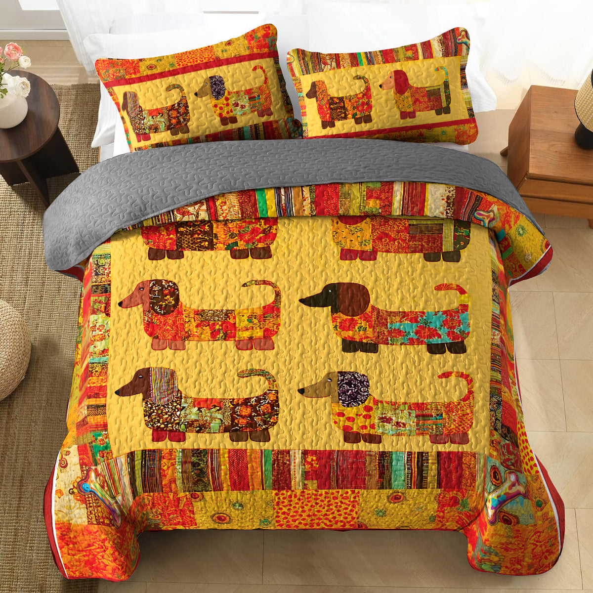 Shineful All Season Quilt 3-Piece Set - Dachshund With Colorful Pattern