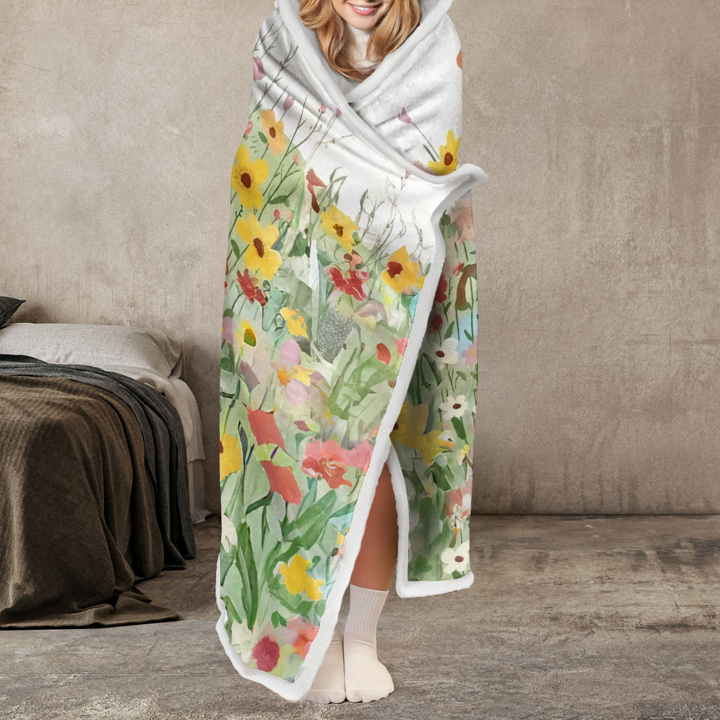 Shineful Wearable Hooded Blanket - SDachshund in Flower Garden