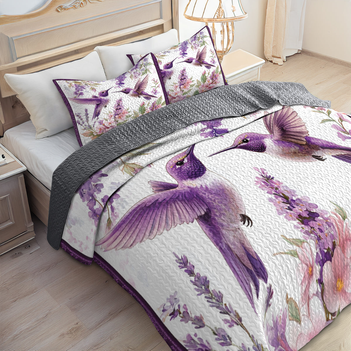 Shineful All Season Quilt 3-Piece Set Hummingbird And Lavender