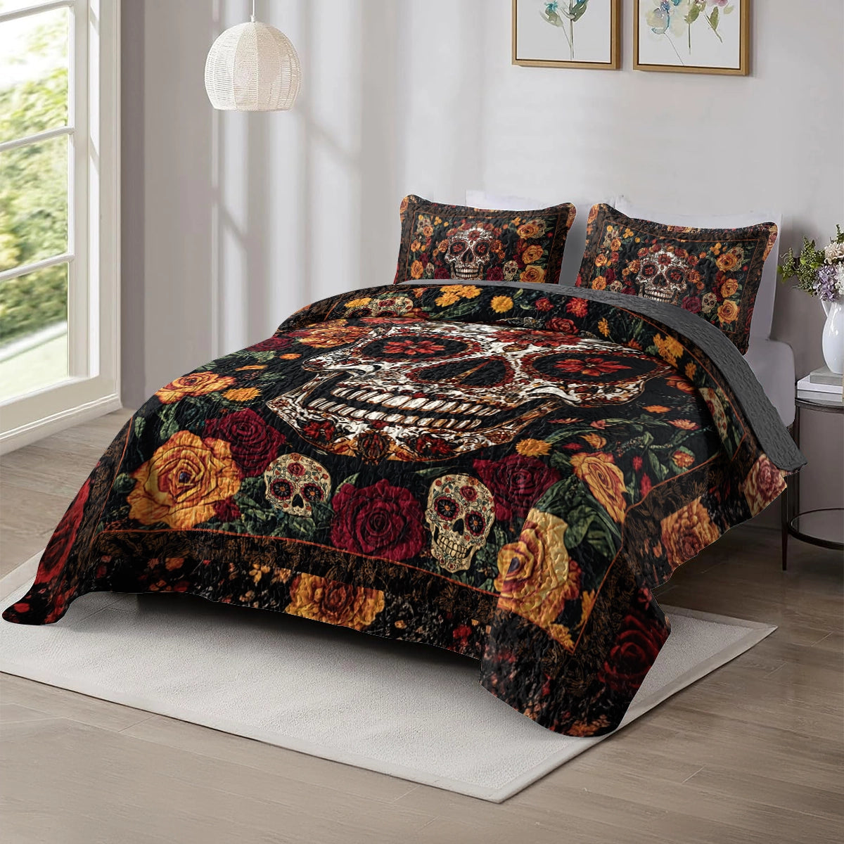 Shineful All Season Quilt 3-Piece Set - Enchanted Floral Skull