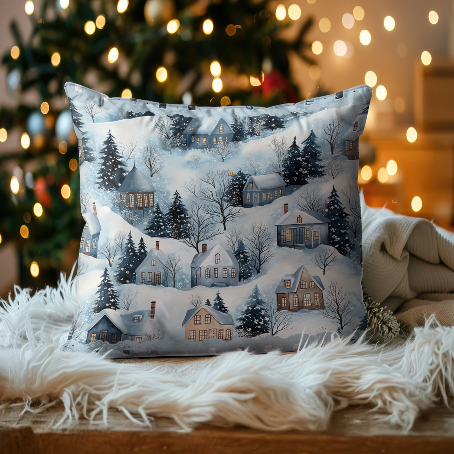 Shineful 2D Print Cushion Cover, Pillowcase, Pillows Covers - Snow Village