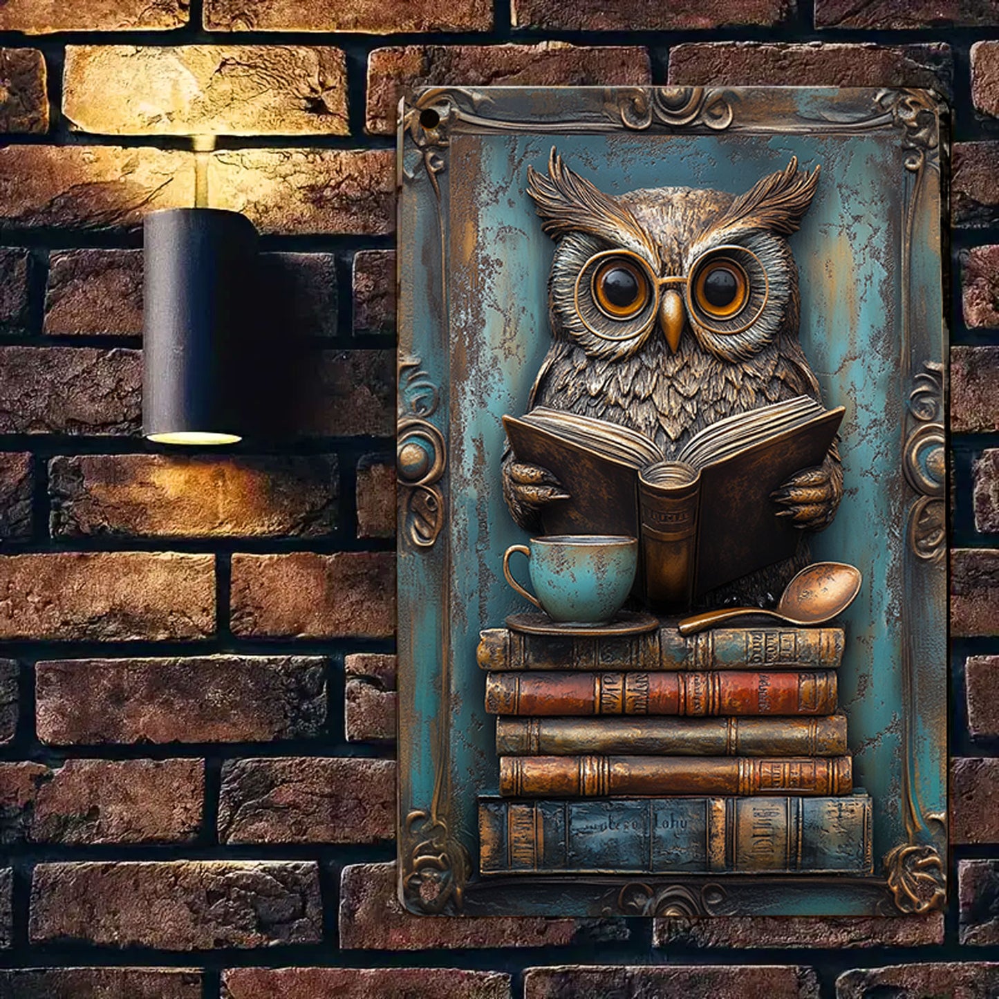 Panneau en métal brillant 2D La bibliothèque du hibou sage