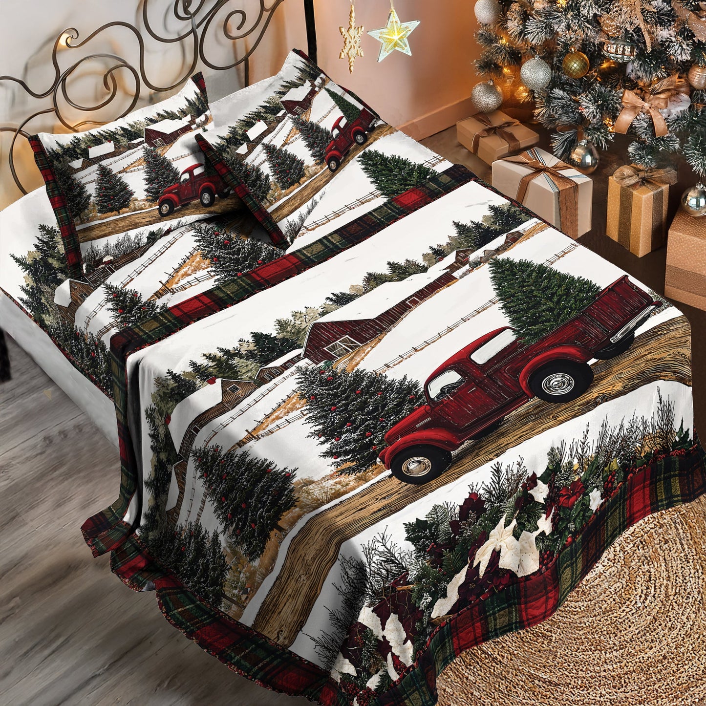 Shineful 4-Piece Bed Sheet Set - Christmas Truck