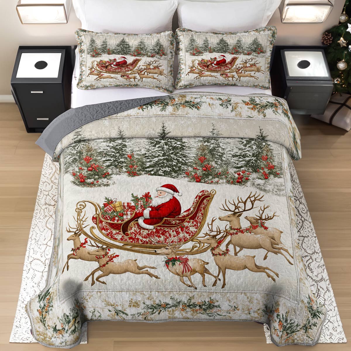 Shineful All Season Quilt 3-Piece Set Vintage Floral Christmas