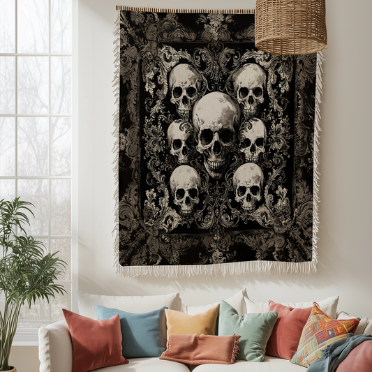 Shineful Woven Tapestry Throw Blanket - Gothic Skull Majesty