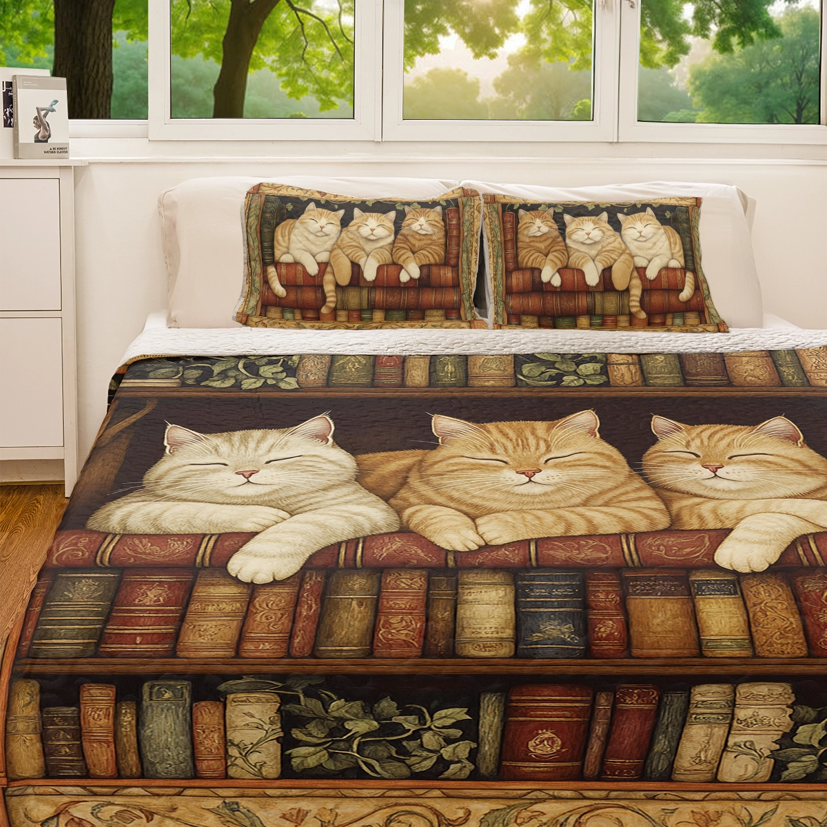 Shineful All Season Quilt 3-Piece Set - Books and Cats Comfort