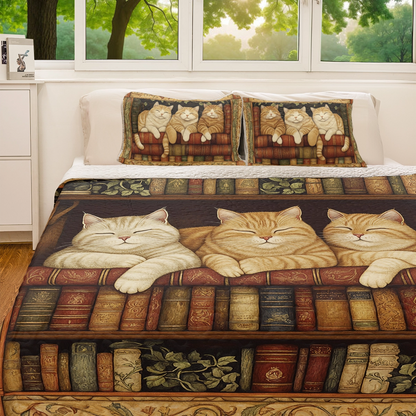 Shineful All Season Quilt 3-Piece Set - Books and Cats Comfort