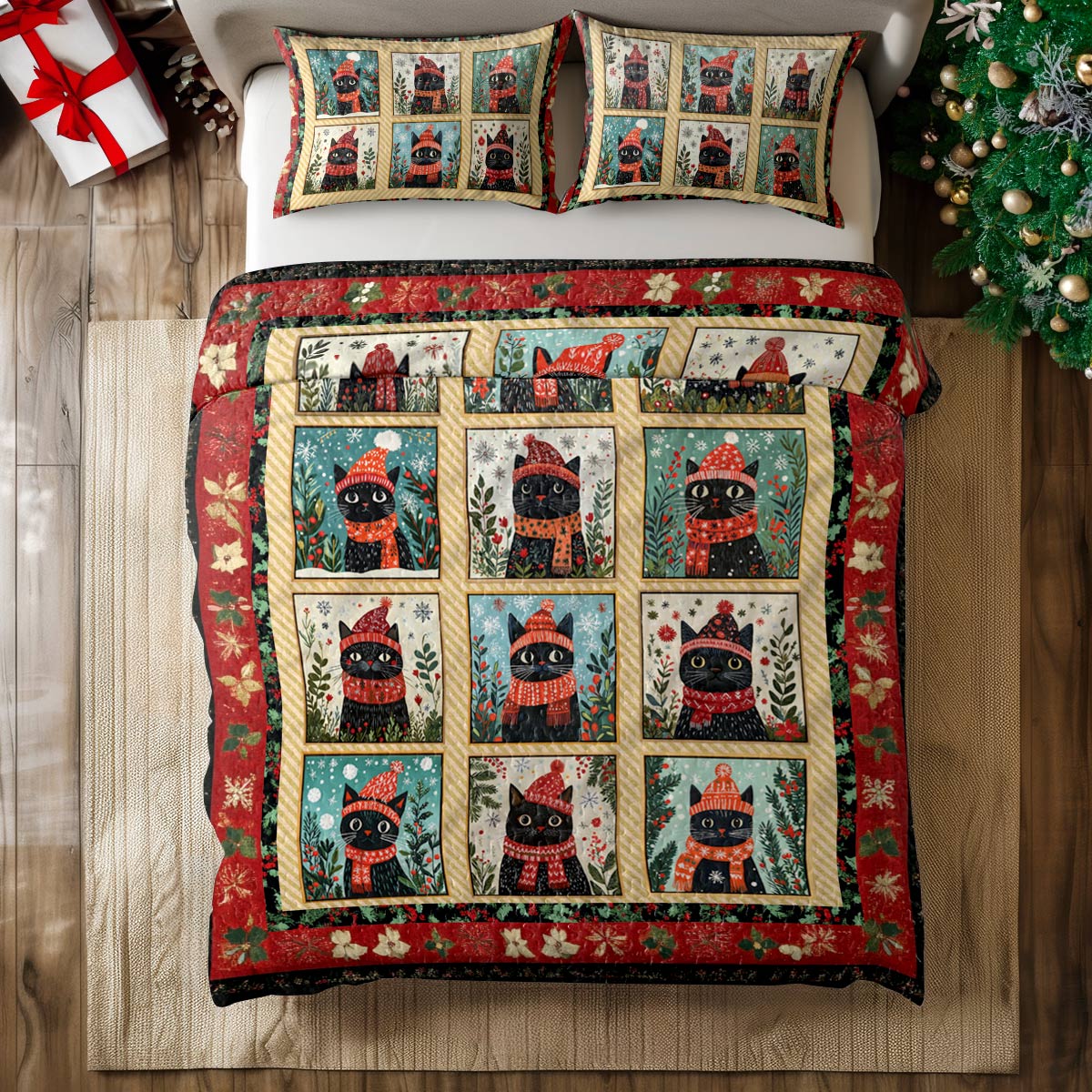 Shineful All Season Quilt 3-Piece Set Cat Christmas Potrait