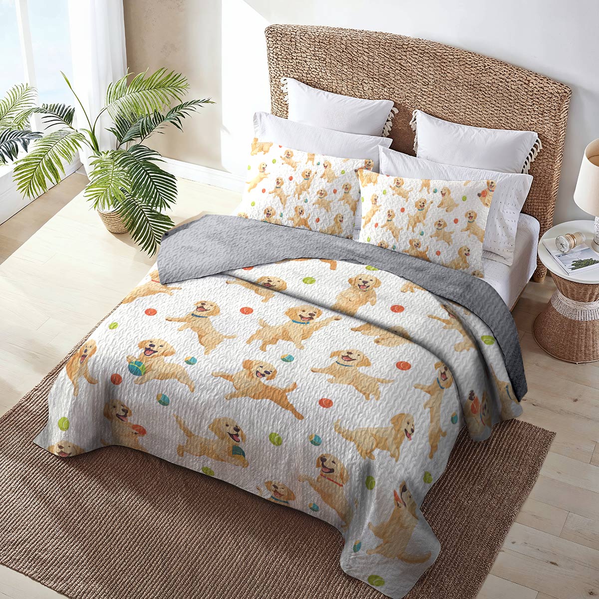 Shineful All Season Quilt 3-Piece Set - Golden Retriever Fetch & Fun