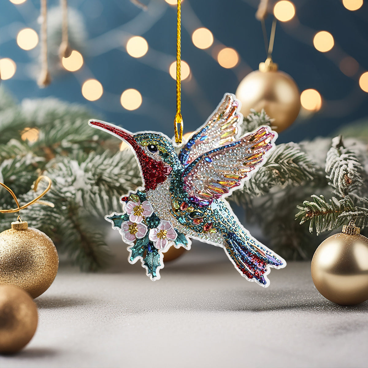 Shineful 2D Acrylic Ornament Twinkling Floral Hummingbird