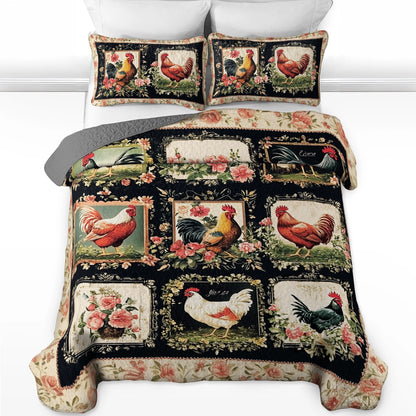 Shineful All Season Quilt 3-Piece Set Floral Graceful Chickens