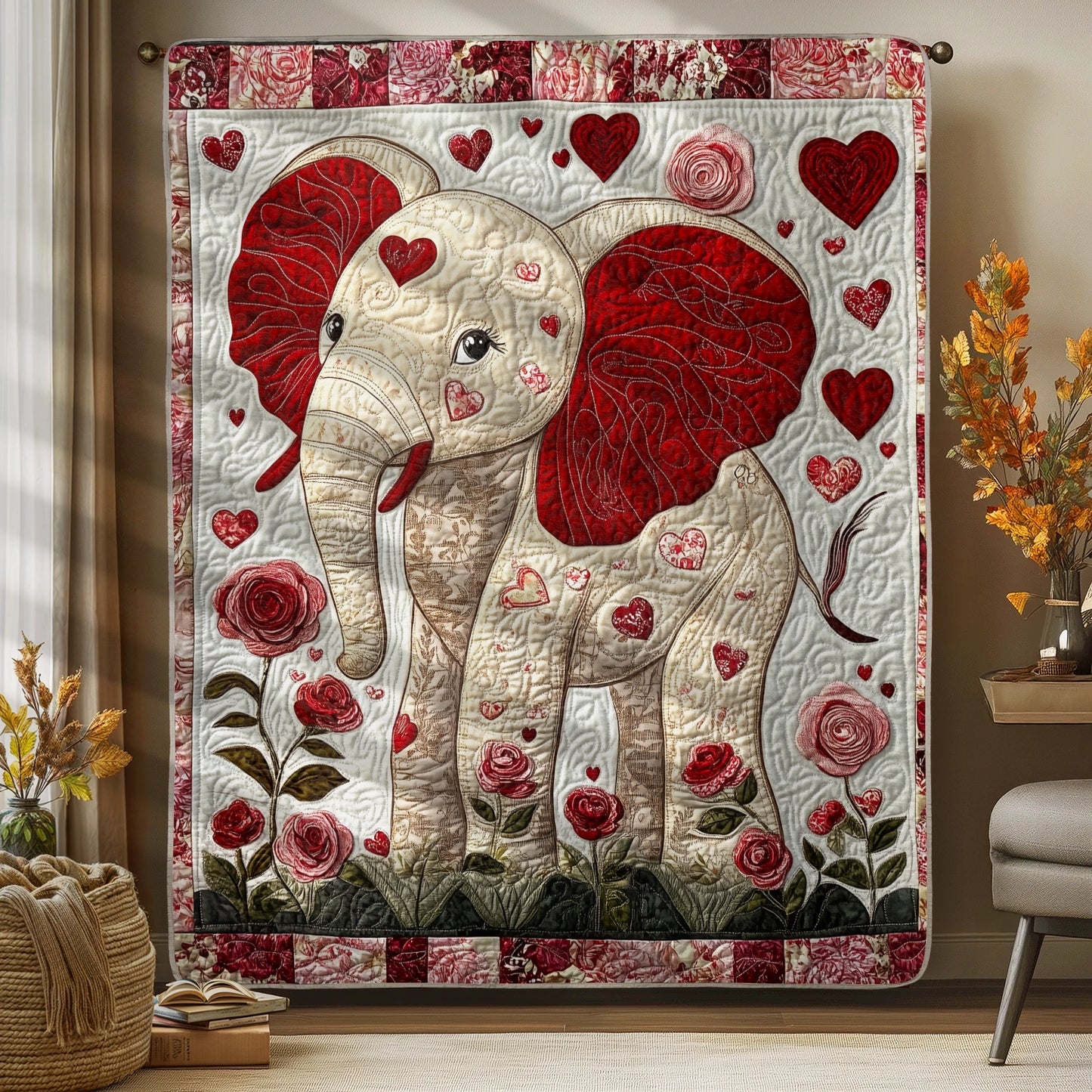 Shineful Flat Print Faux Quilt Blanket - Blissful Elephant of Love and Roses Quilt Artwork