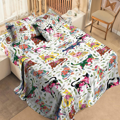 Shineful 4-Piece Bed Sheet Set Cat Flower