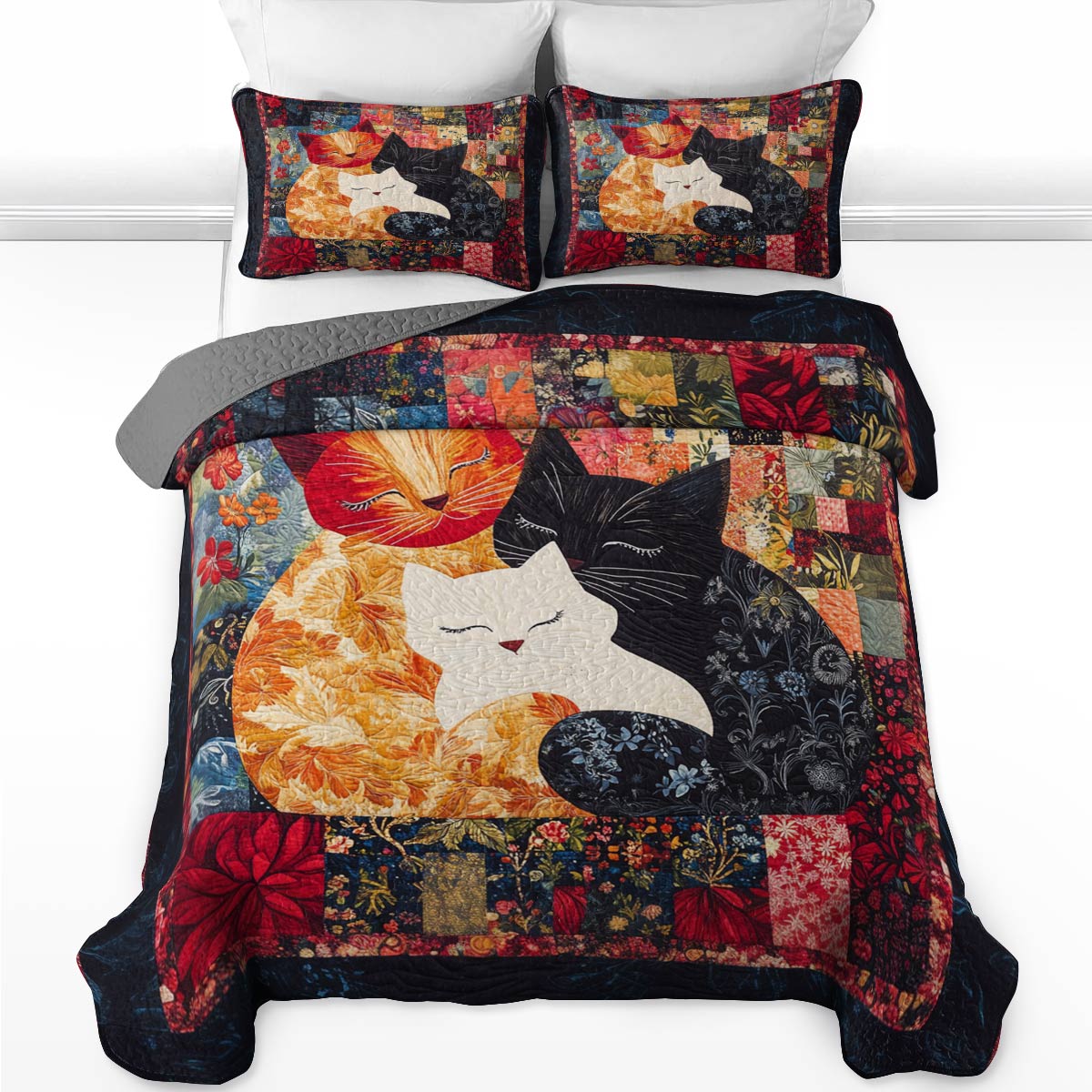 Shineful All Season Quilt 3-Piece Set Vintage Floral Family Cats