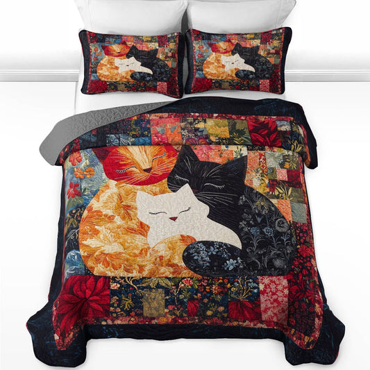 Shineful All Season Quilt 3-teiliges Set mit Vintage-Blumenmuster und Katzenmotiv 