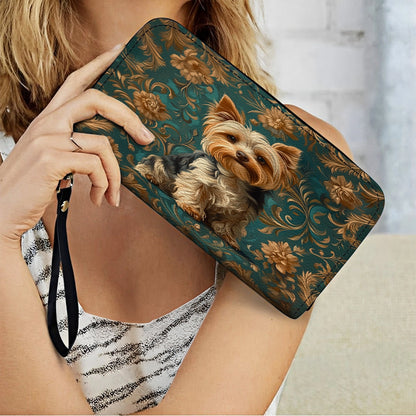 Shineful Leather Clutch Purse With Wristlet Strap Handle Regal Yorkie Elegance