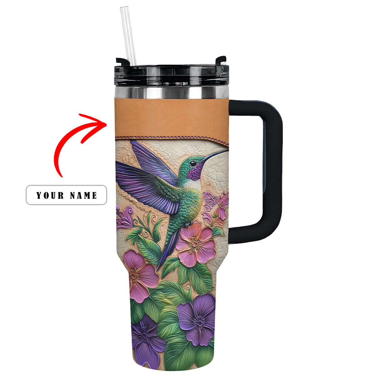 Shiny personalisierter Trinkbecher aus Leder mit Blumenmotiv „Kolibri“