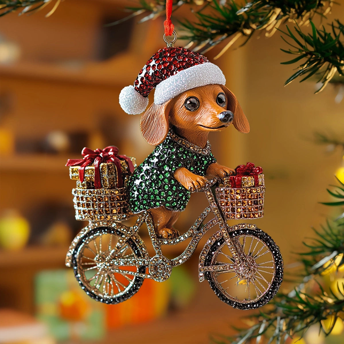 Shineful 2D Acrylic Ornament Festive Dachshund Rider