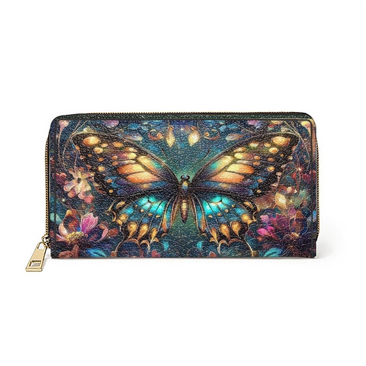 Shineful Leather Clutch Purse With Wristlet Strap Handle Butterfly Twilight Glow