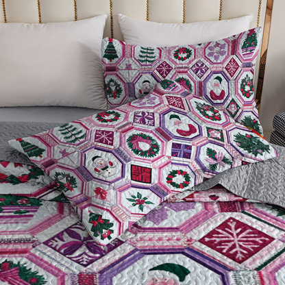 Shineful All Season Quilt 3-Piece Set - Whimsical Christmas in Pink & Purple