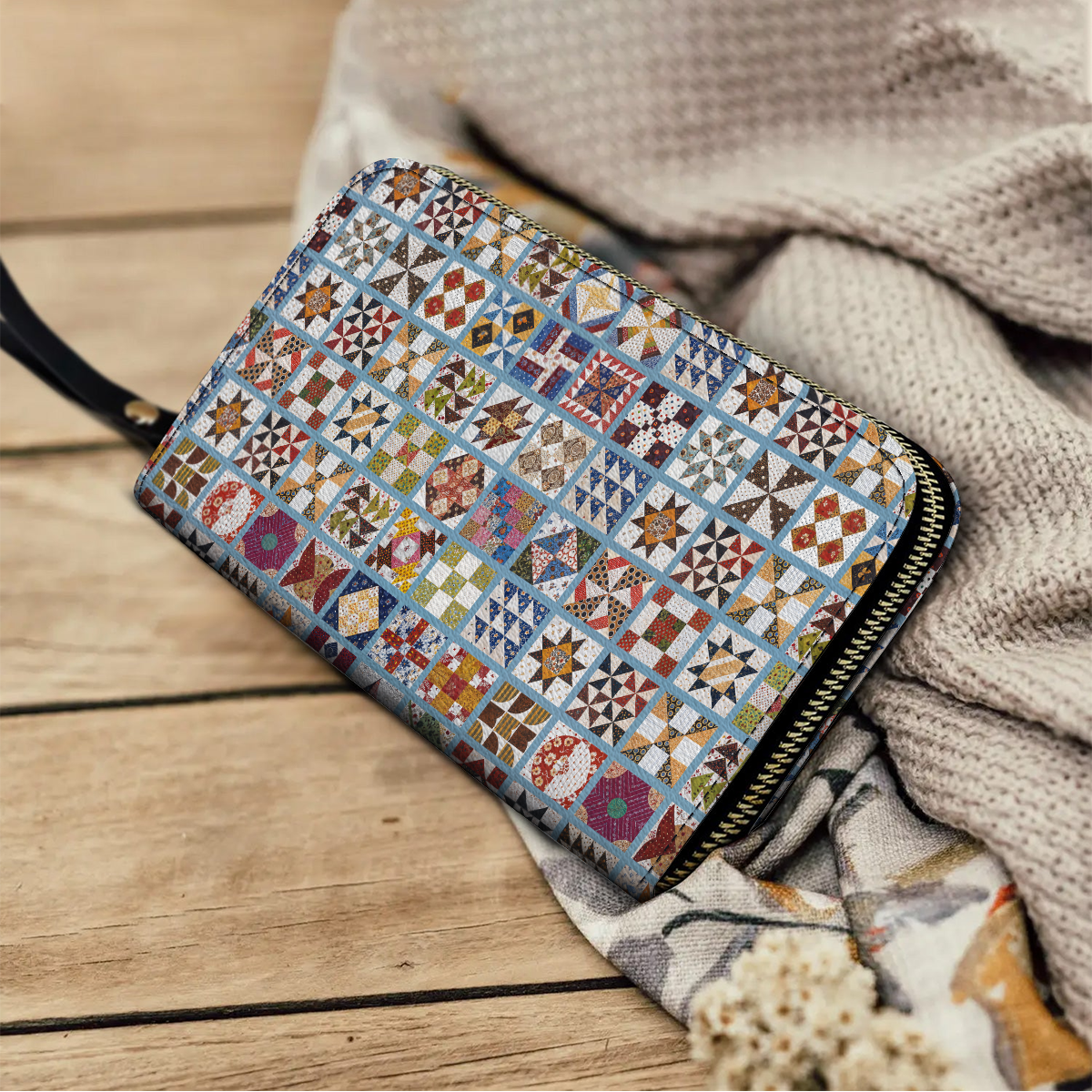 Shineful Leather Clutch Purse With Wristlet Strap Traditional Quilting Blocks