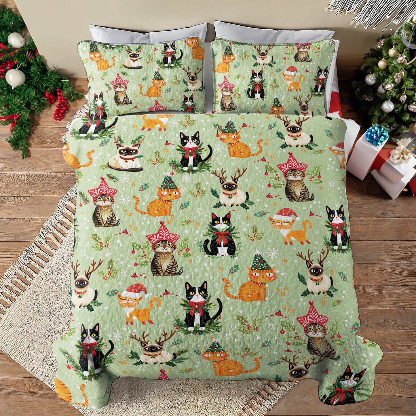 Shineful All Season Quilt 3-Piece Set Christmas Cats