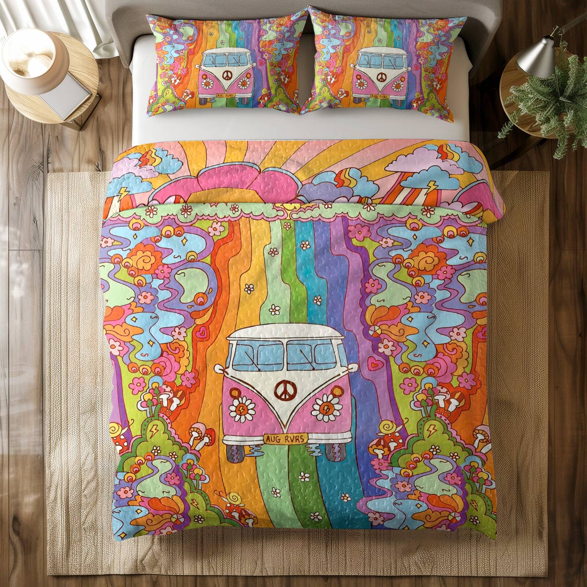 Shineful All Season Quilt 3-Piece Set Rainbow Hippie Van