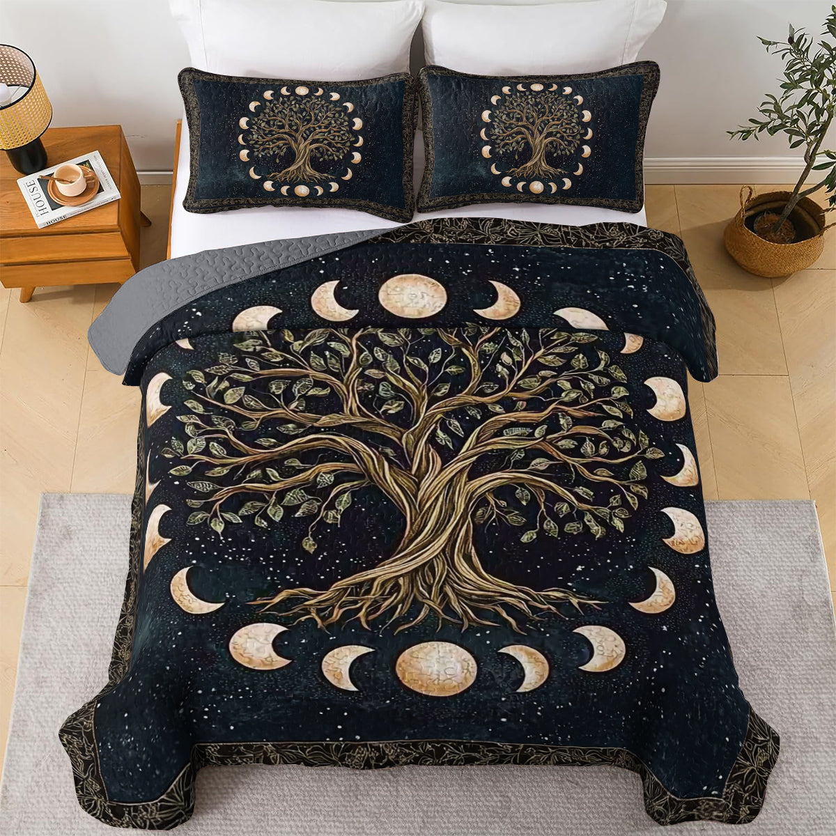 Shineful All Season Quilt 3-Piece Set - Mystical Moon Phases Tree of Life