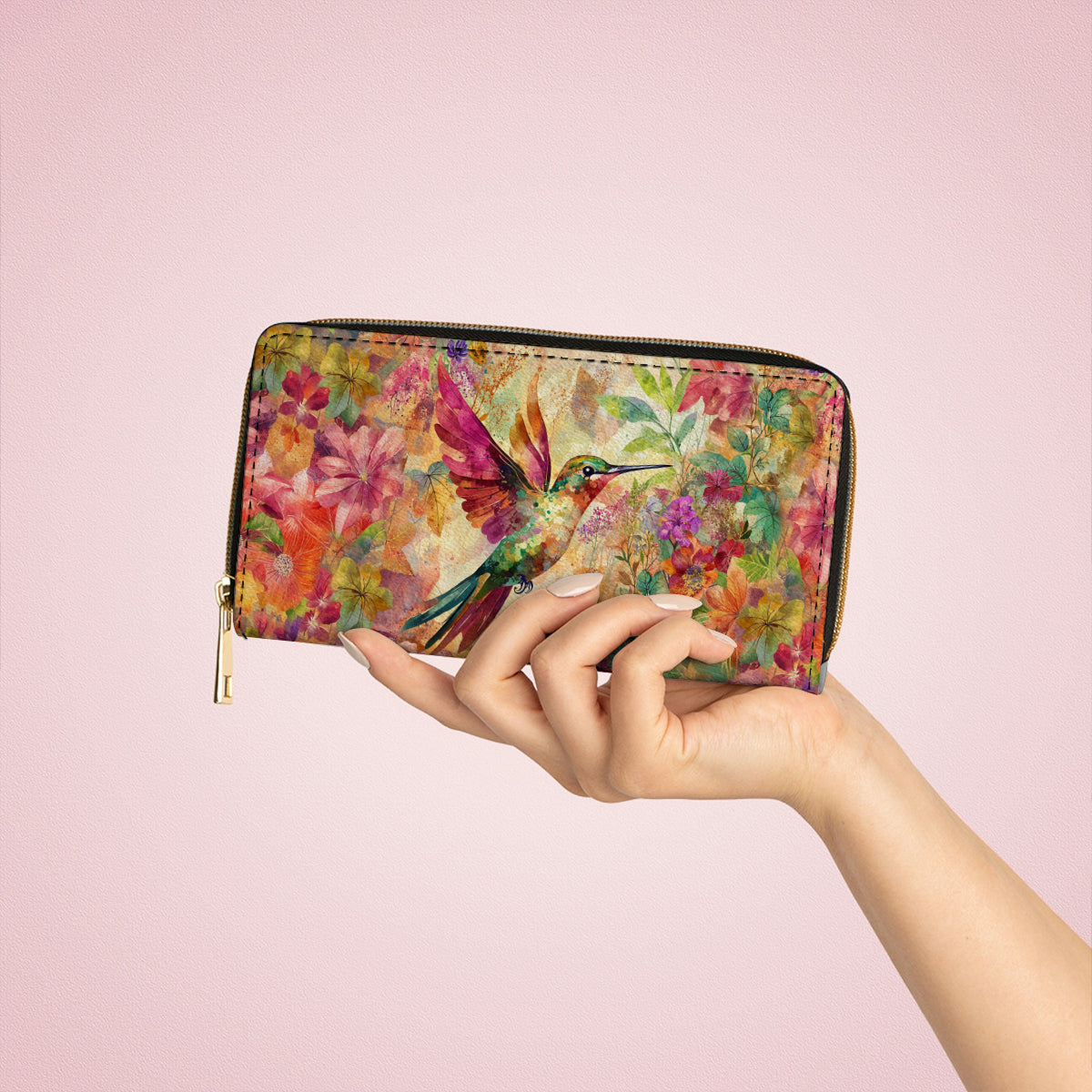 Pochette en cuir brillante avec dragonne et poignée Hummingbird Bliss